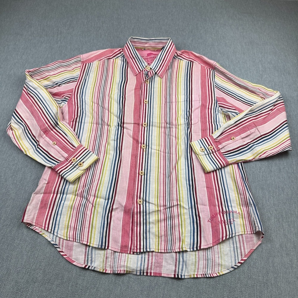 Tommy Bahama Relax Shirt Men Large Pink Red Striped 100% Linen Button Up Classic